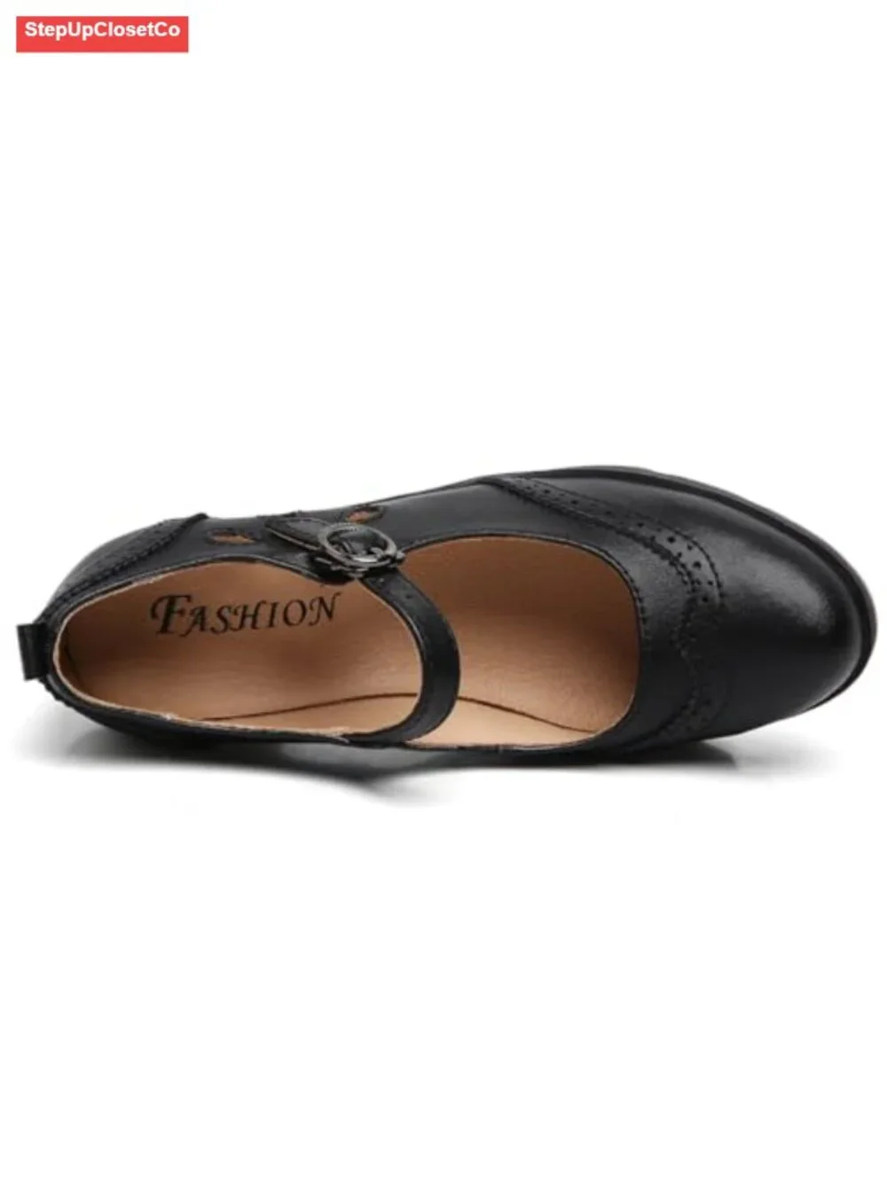 Women's Leather Mary Jane Ankle Strap Round Toe Mid Heel Platform Oxfords Dress